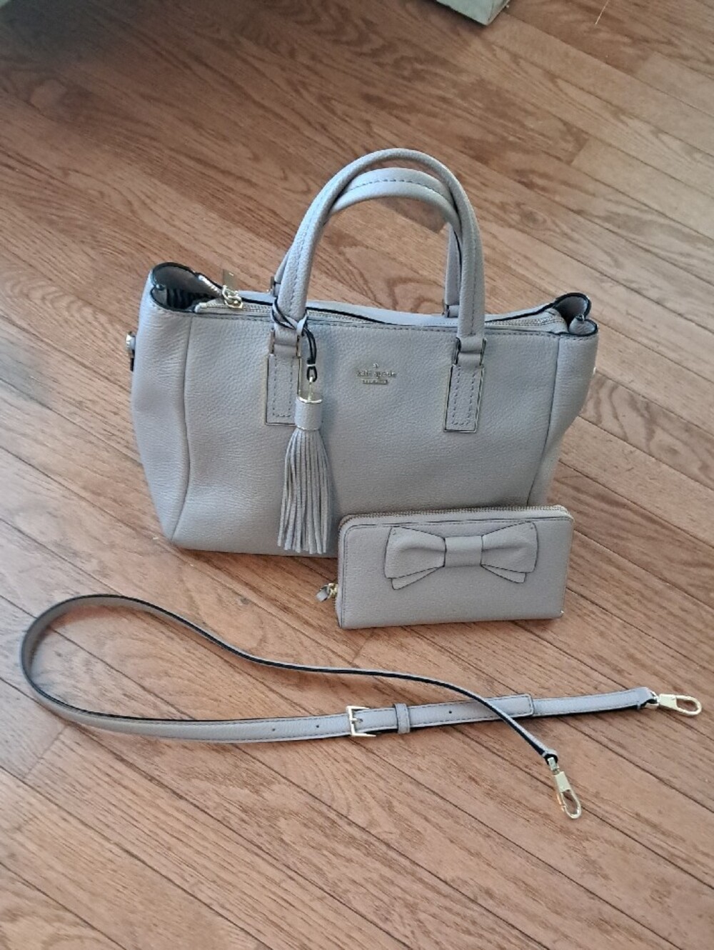 Kate Spade Taupe SOFT, pebbled leather tote with tassel and matching bow wallet